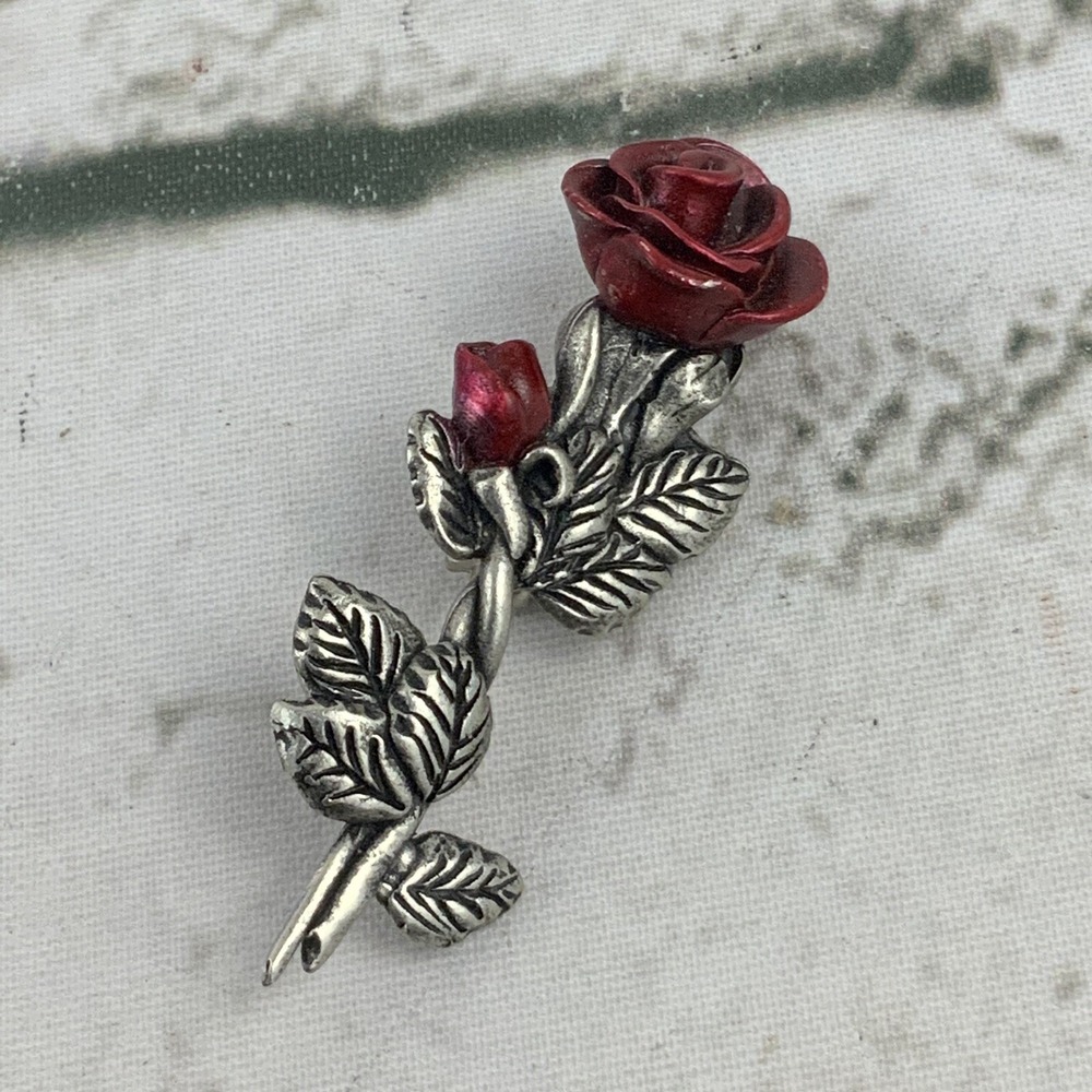 Long Stem Red Rose QPP Pewter Brooch Pin Fashion